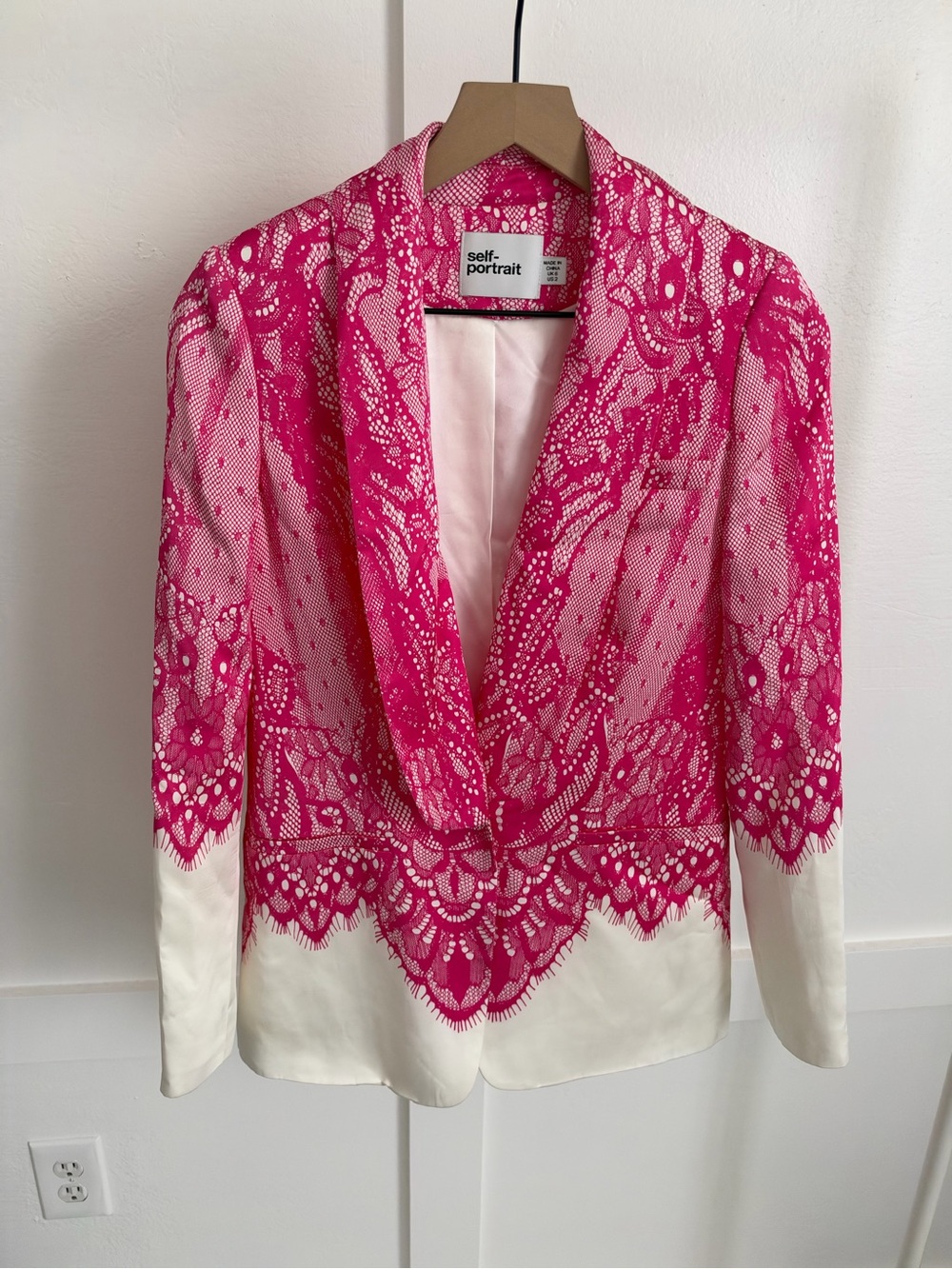Self Portrait Pink Lace Print Satin Blazer